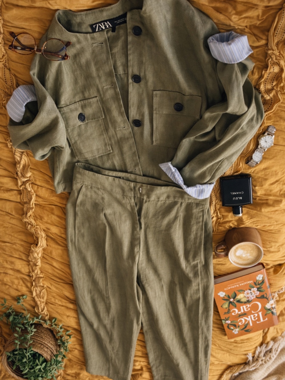 Zara Olive Utility Jacket with Button-Front and Bermuda Pants, 2-Piece Set